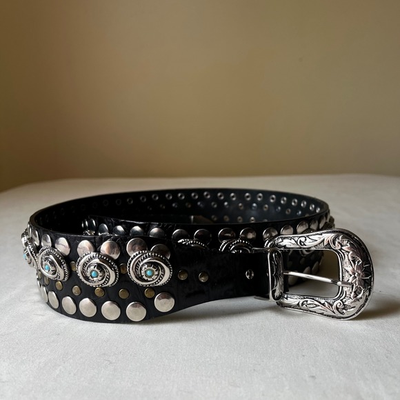 Vintage Nanni Italy Turquoise Concho Studded Leather Belt Black‎ Silver 95/38 - Picture 9 of 13